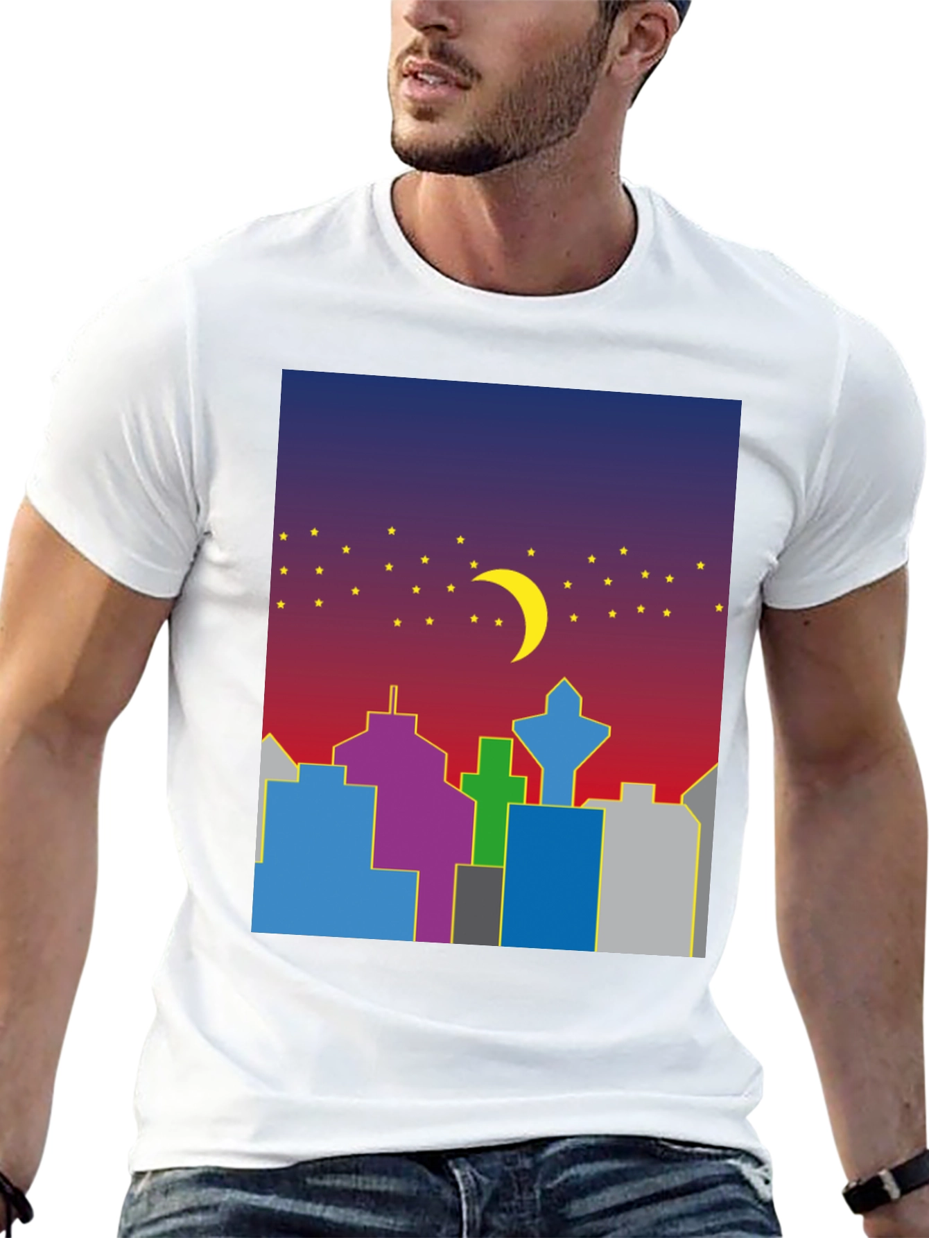 Cityscape Moon Graphic Tee - Cool Night Sky Design