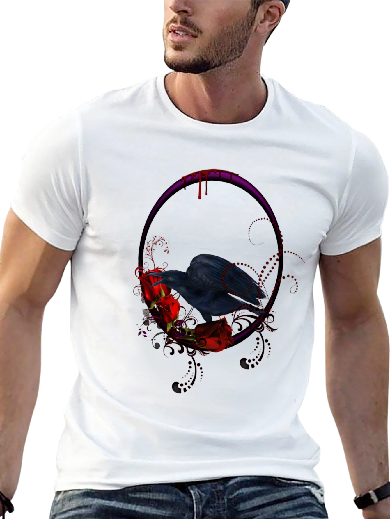 Gothic Raven & Roses Graphic Tee - Black
