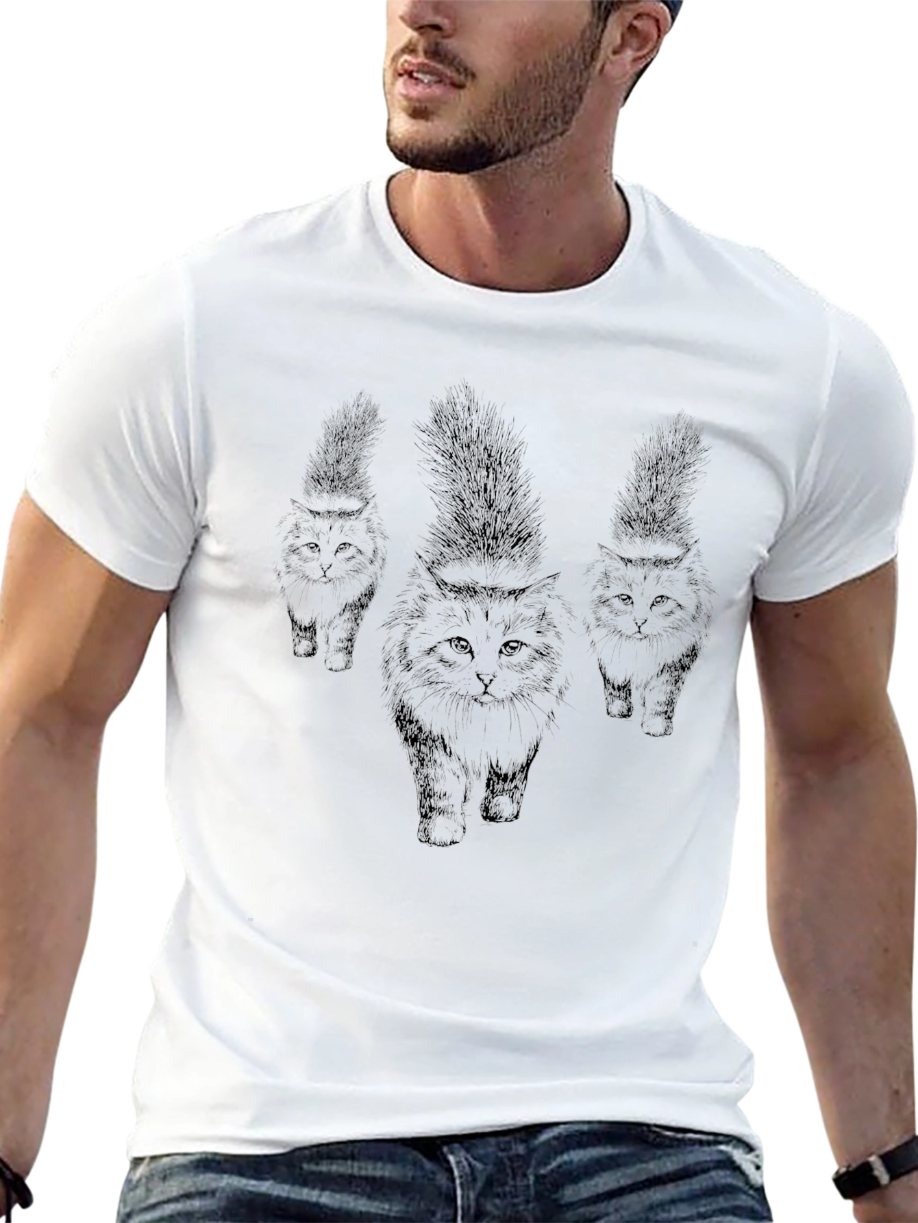 Mens Black Cat Print T-Shirt