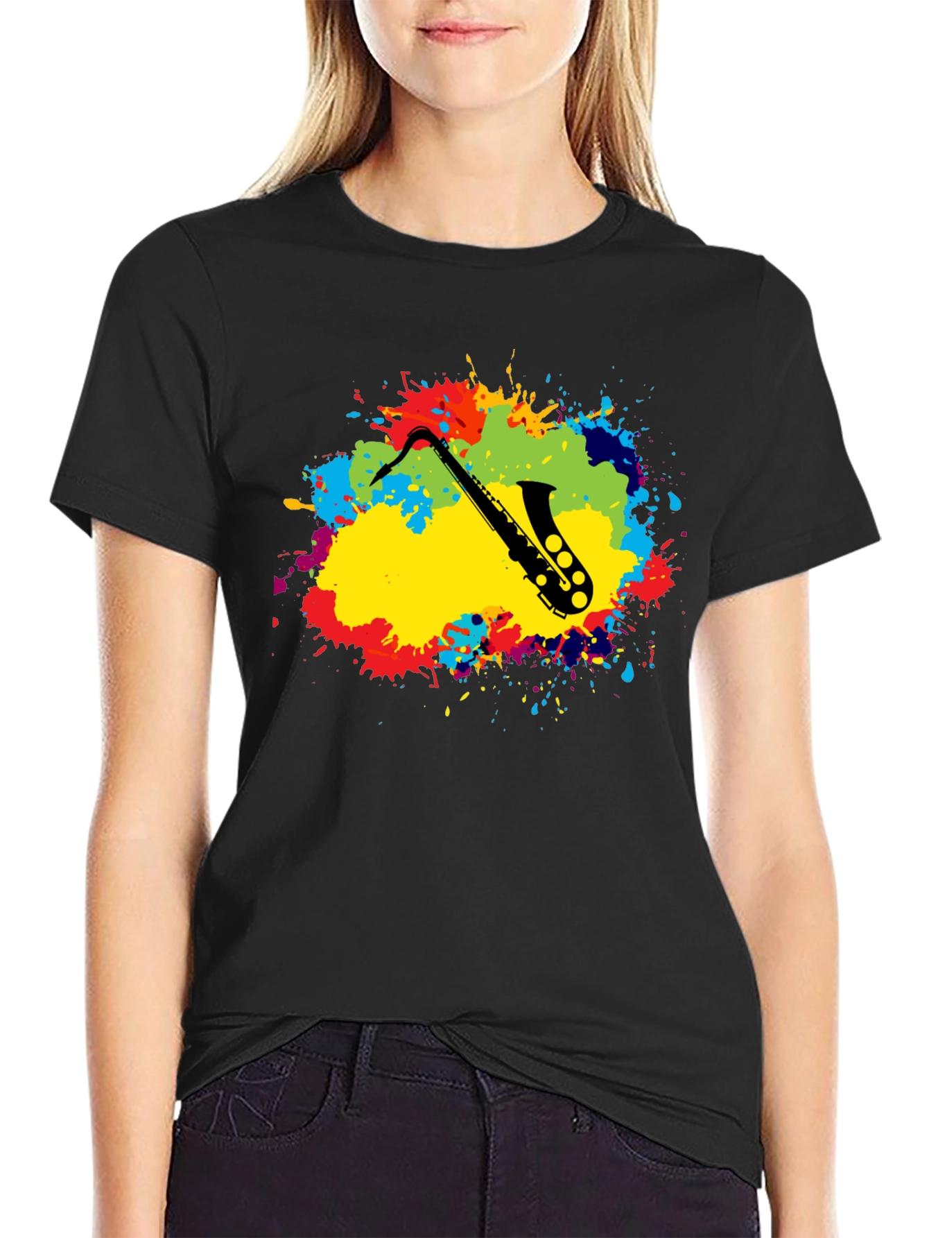 Saxophone Splatter Graphic Tee - Black Cotton Blend