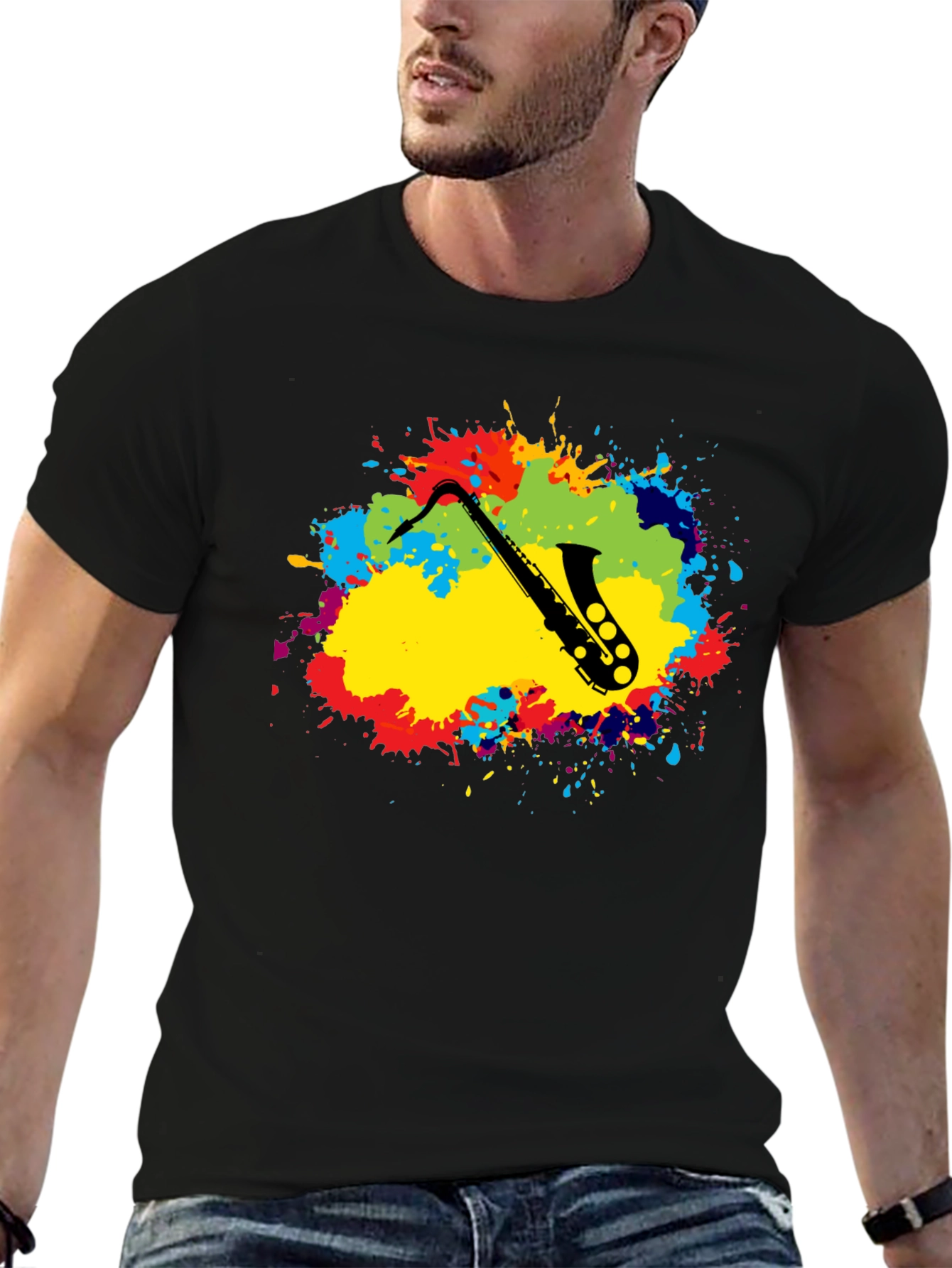 Saxophone Splatter Graphic Tee - Black Cotton Blend