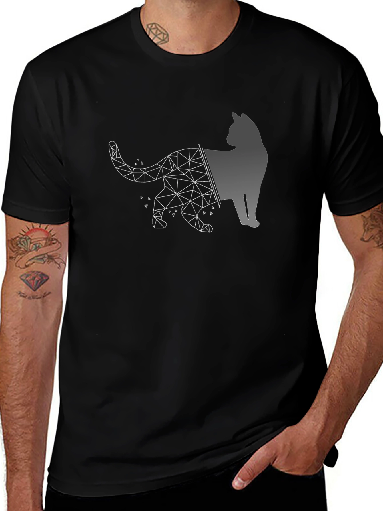 Geometric Cat Graphic Black T-Shirt