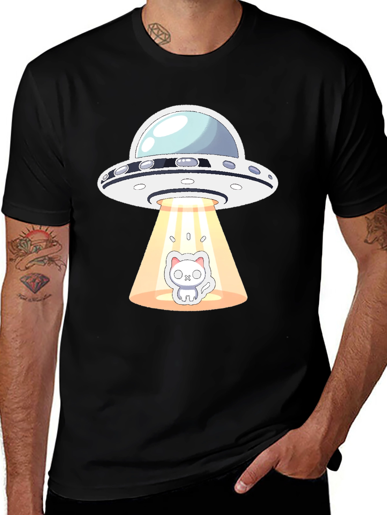 UFO Cat Abduction Black T-Shirt