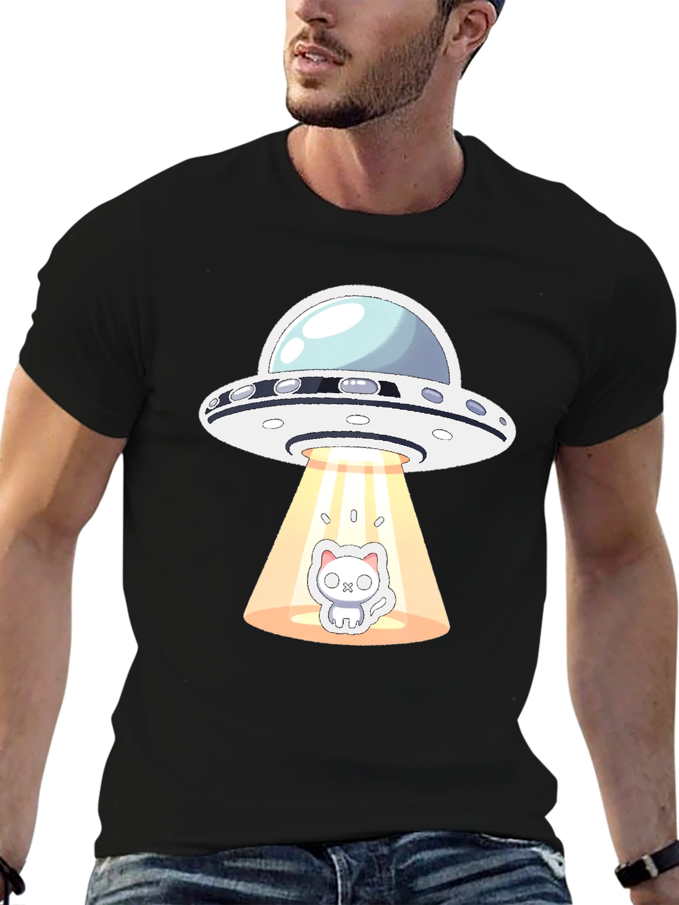 UFO Cat Abduction Black T-Shirt