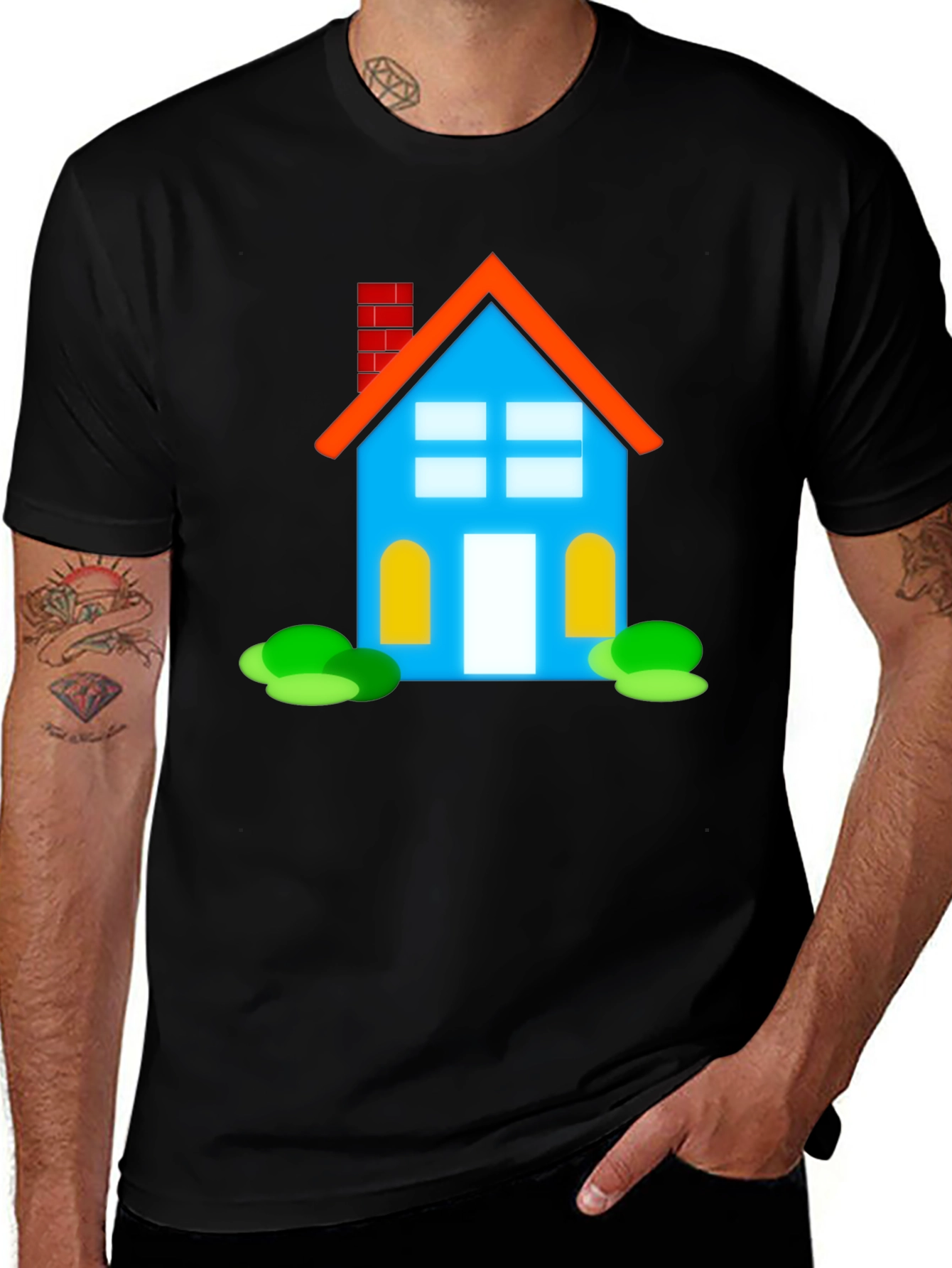 Cartoon House Graphic Tee - Black Cotton Casual Shirt