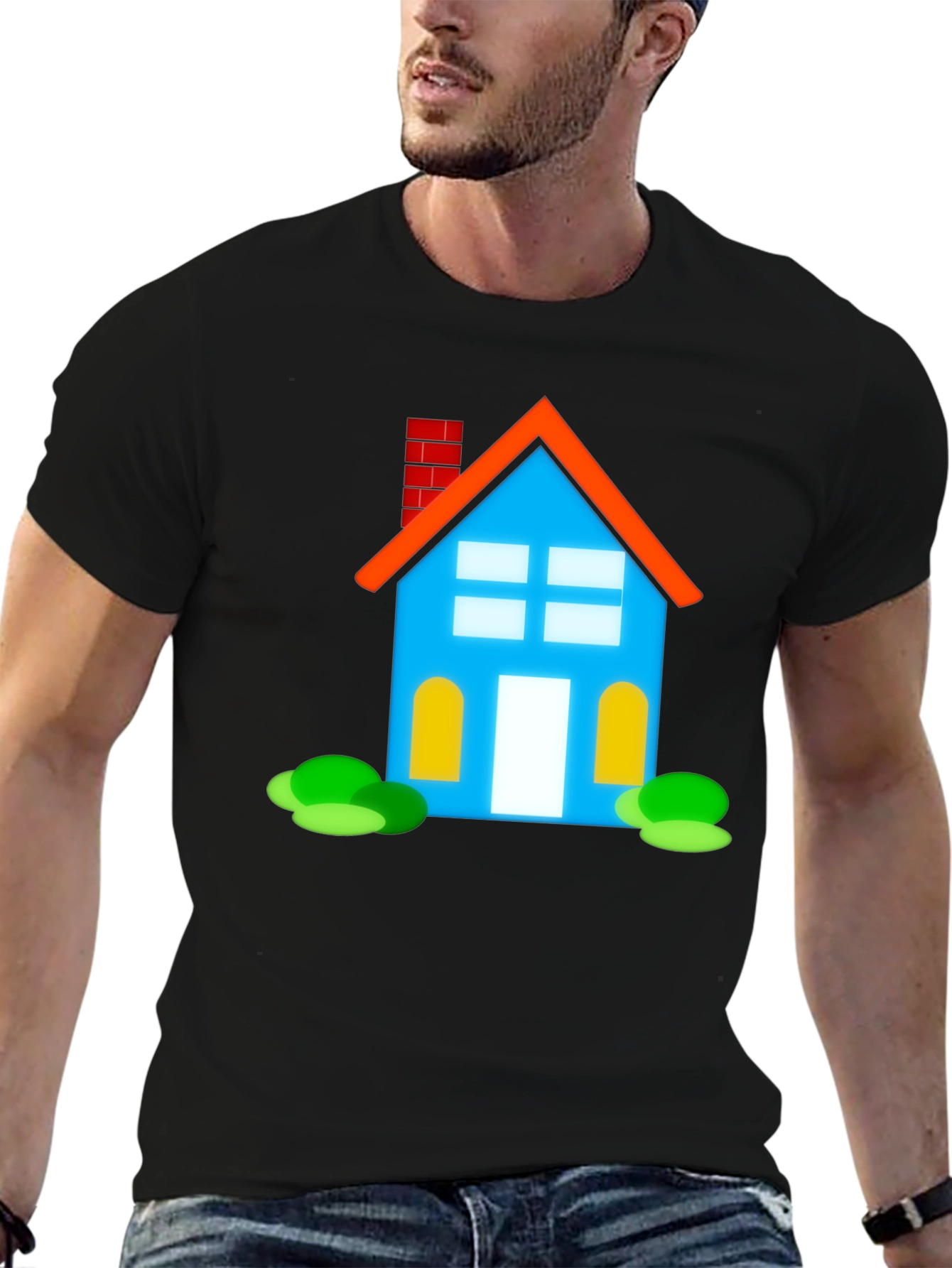 Cartoon House Graphic Tee - Black Cotton Casual Shirt