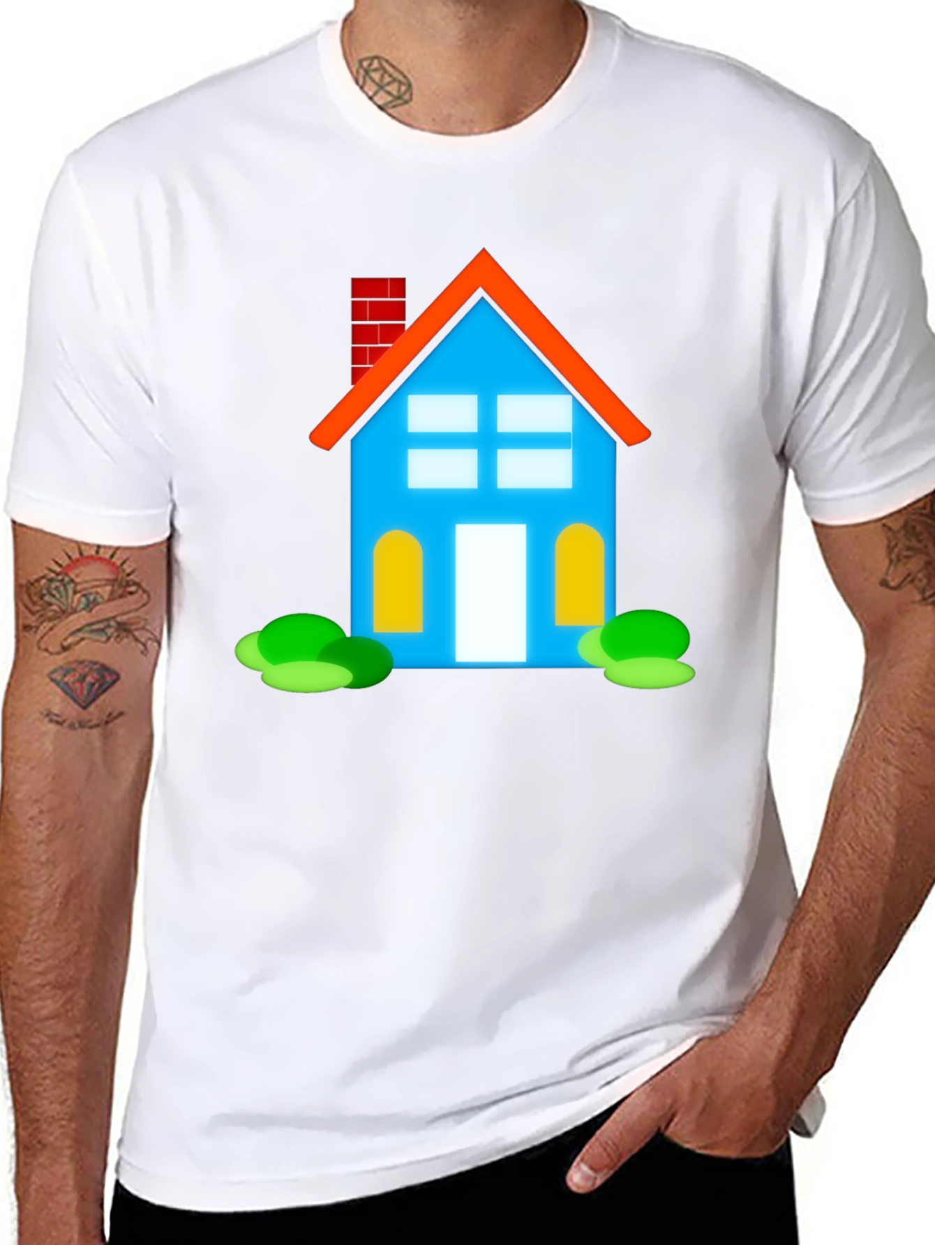 Cartoon House Graphic Tee - Black Cotton Casual Shirt