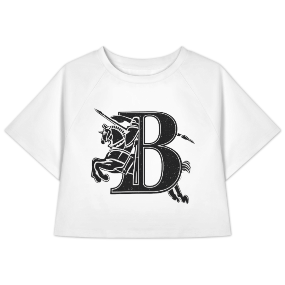 Knight Horse “B” Logo Graphic Crop T-Shirt – Vintage Luxury Streetwear Tee for Women(z295)