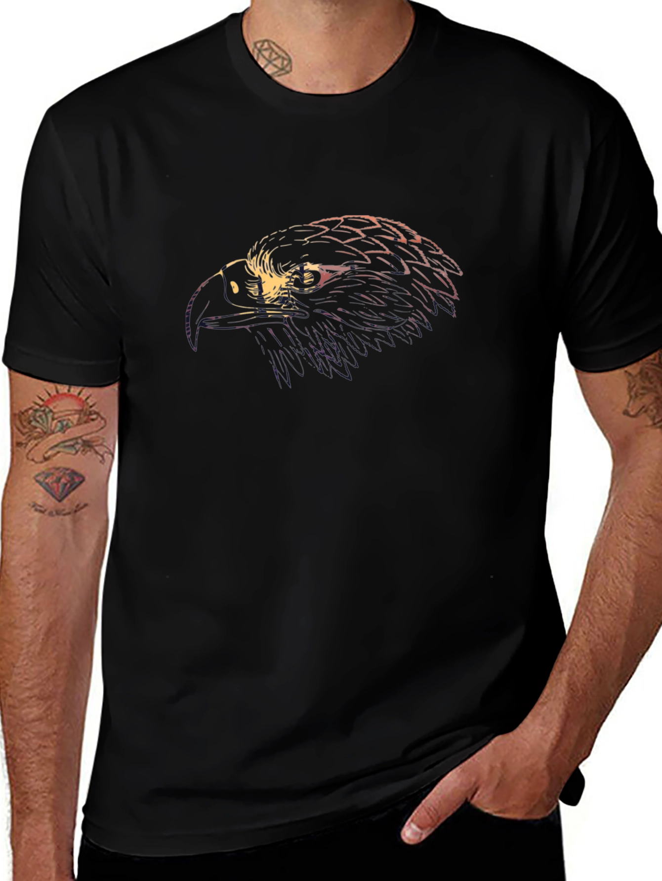 Mens Black T-Shirt with Eagle Head Graphic Print