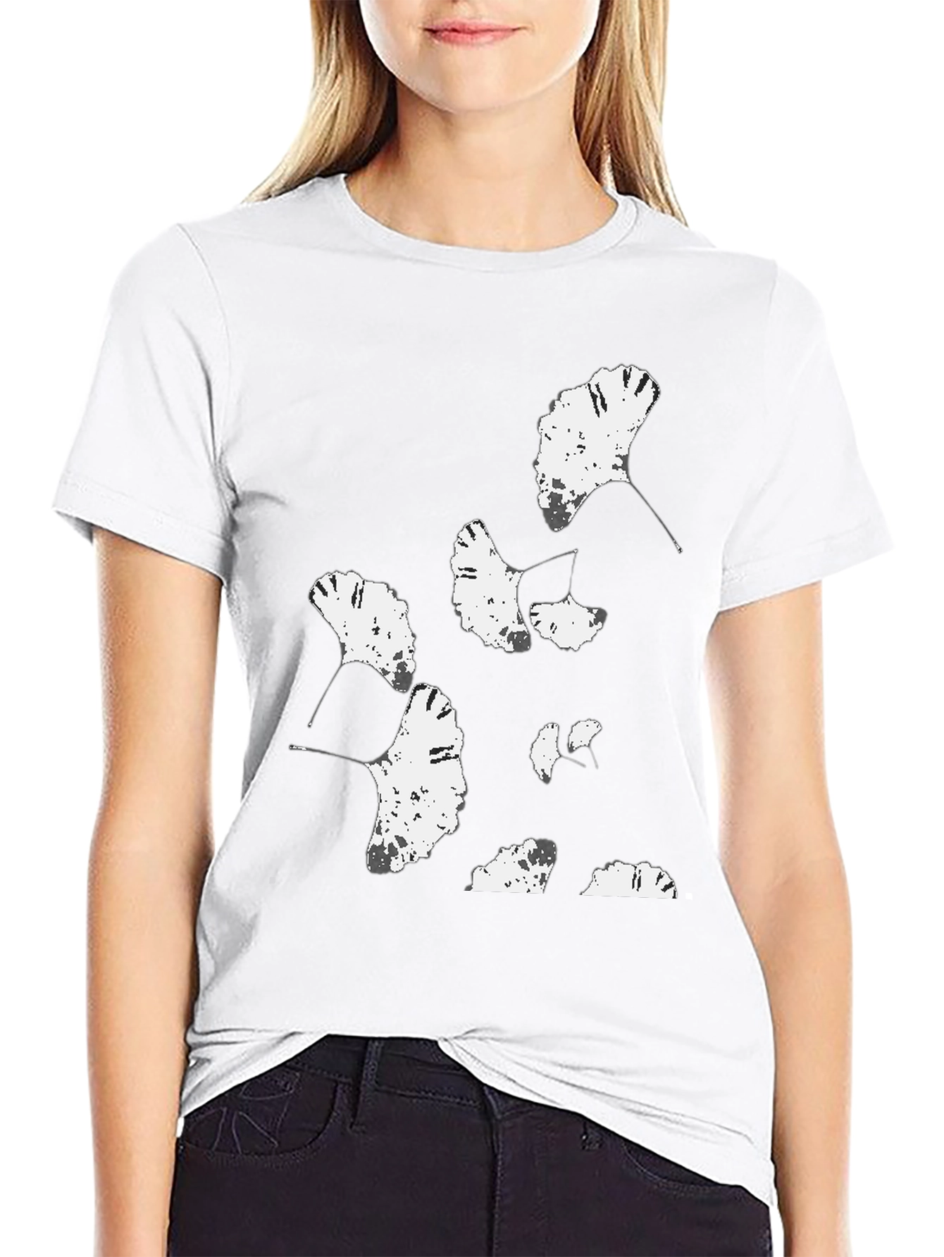 Ginkgo Leaf Print Black T-Shirt