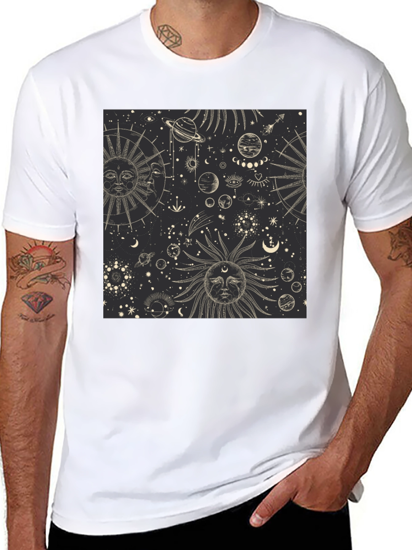 Celestial Sun & Moon Graphic Print Black T-Shirt