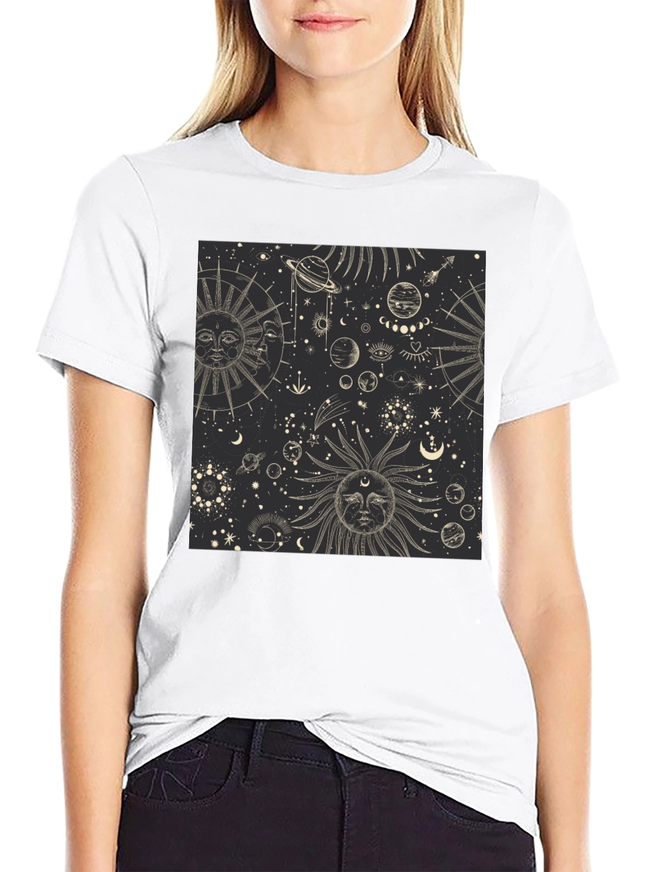 Celestial Sun & Moon Graphic Print Black T-Shirt
