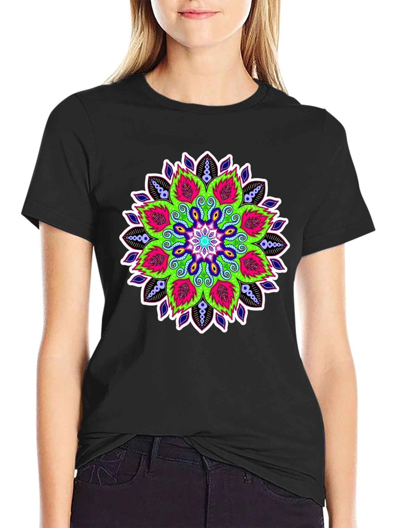 Vibrant Mandala Graphic Print Black Tee