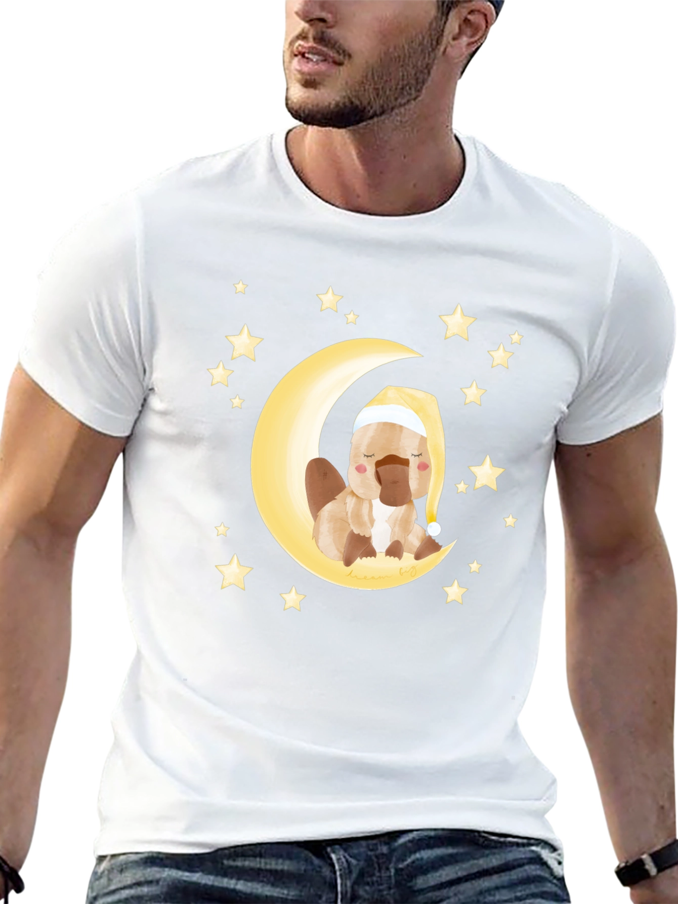 Cute Cartoon Platypus Moon Stars Graphic T-Shirt