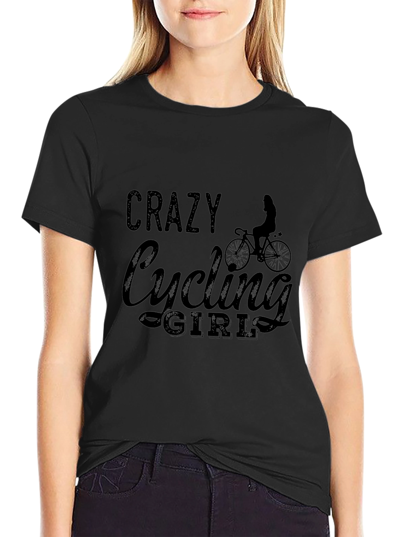 Crazy Cycling Girl Graphic Tee - Black T-Shirt