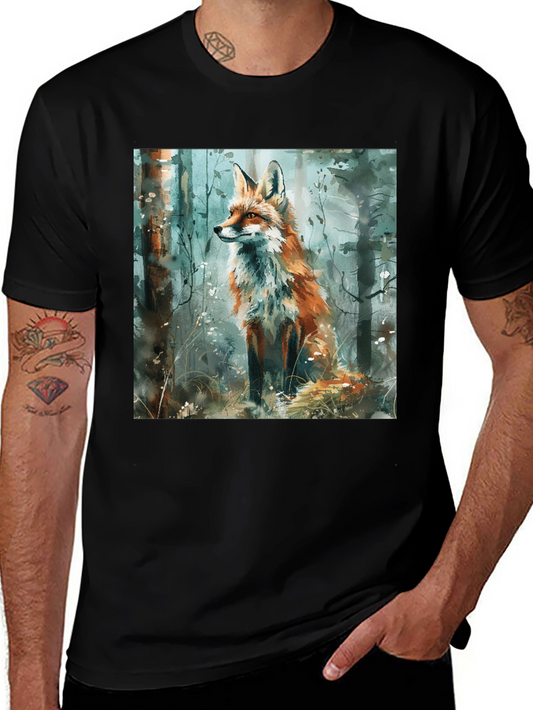 Fox Watercolor Print Black T-Shirt