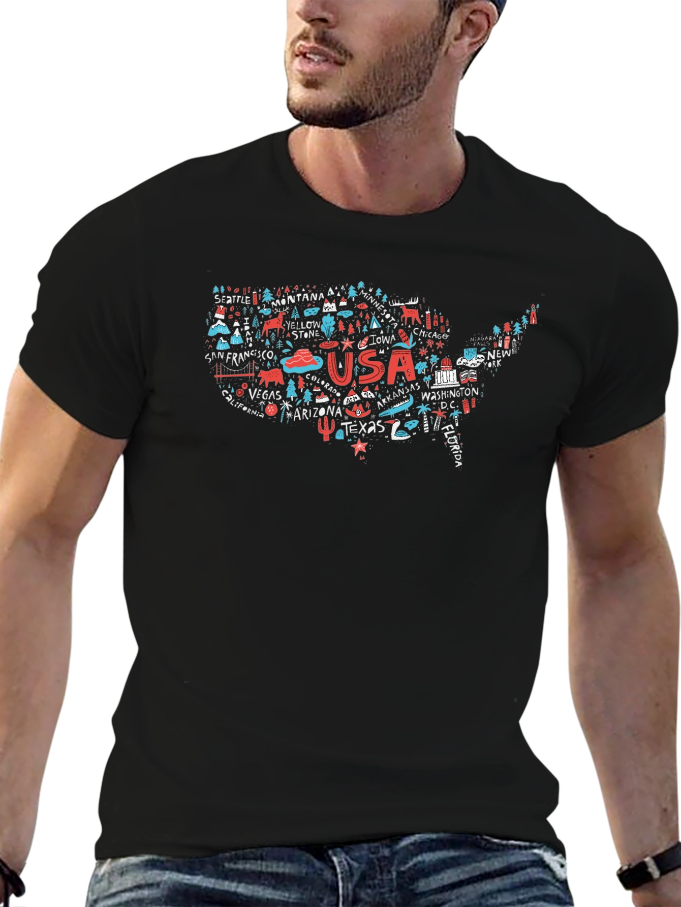 USA Travel Map T-Shirt - Landmarks & Cities