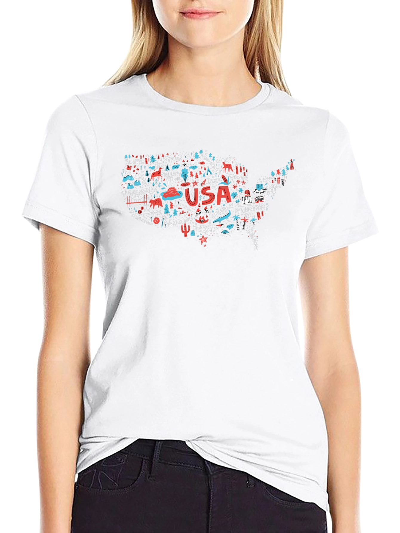 USA Travel Map T-Shirt - Landmarks & Cities