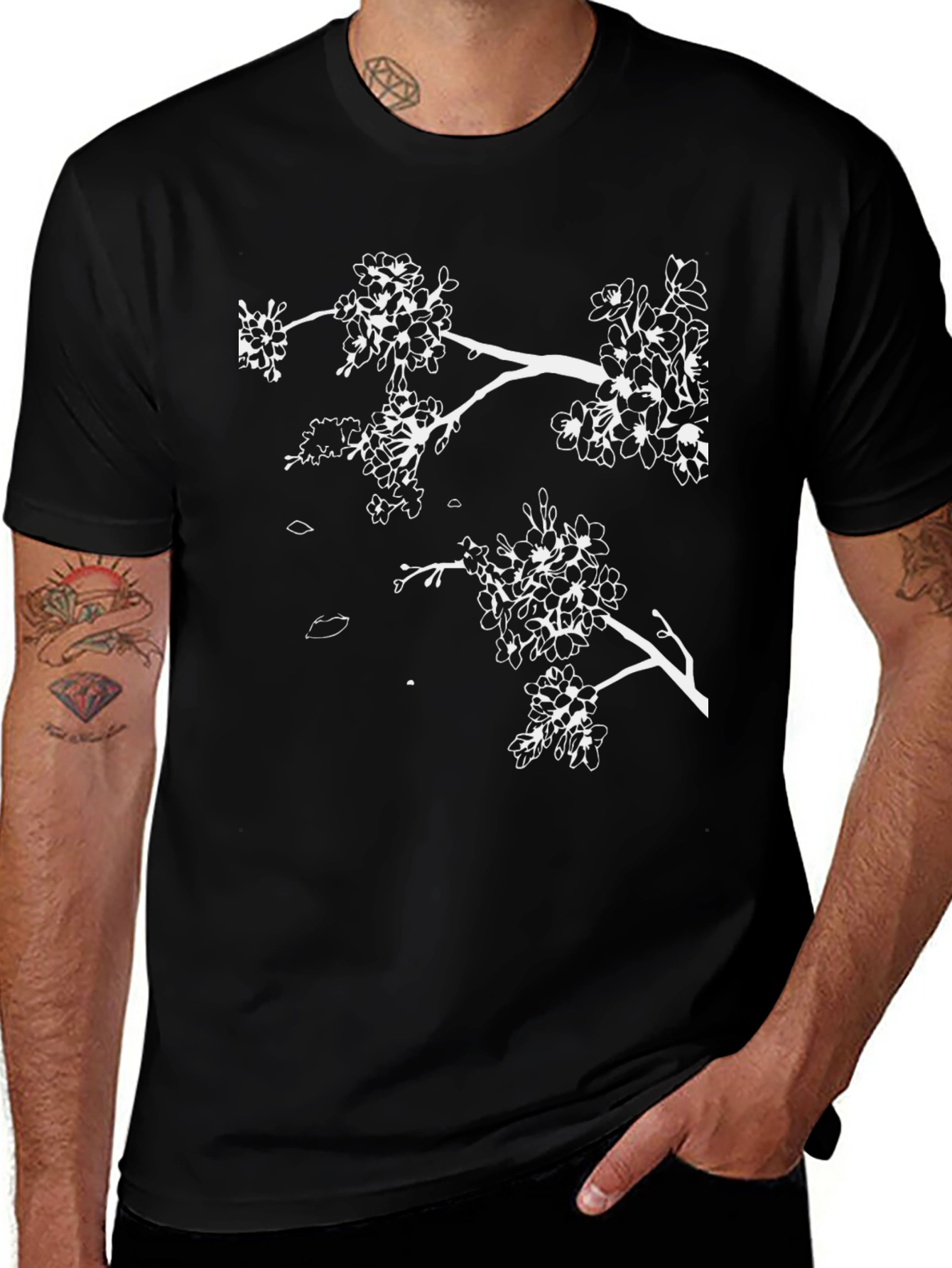 Black T-Shirt with White Cherry Blossom Branch Design