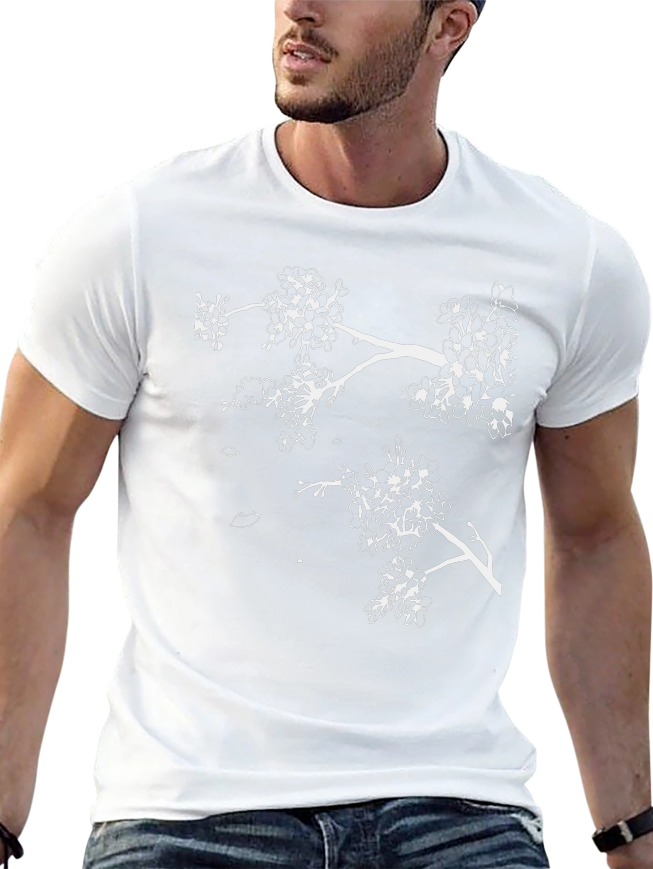 Black T-Shirt with White Cherry Blossom Branch Design