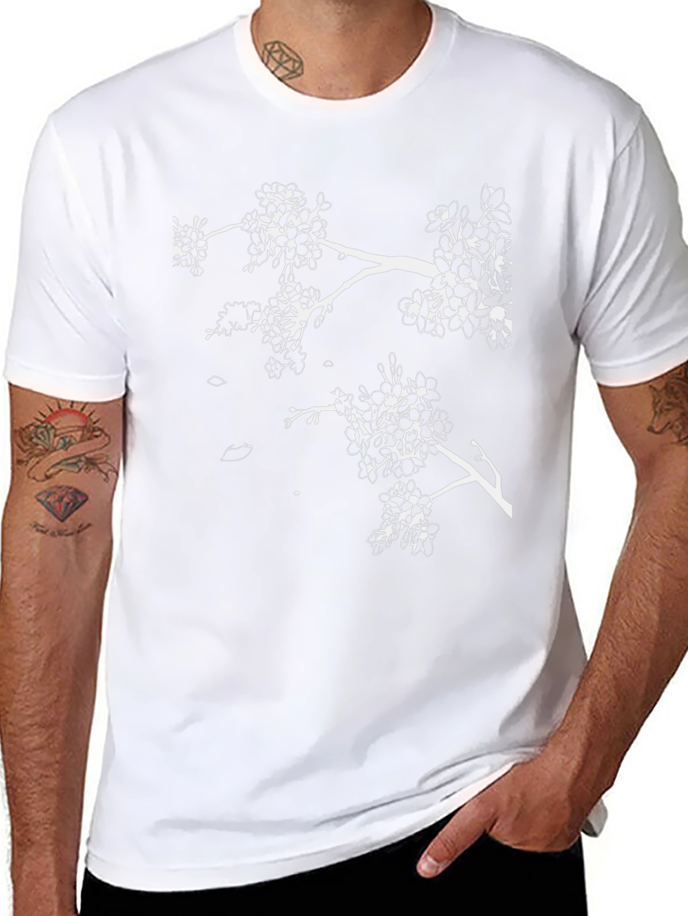 Black T-Shirt with White Cherry Blossom Branch Design