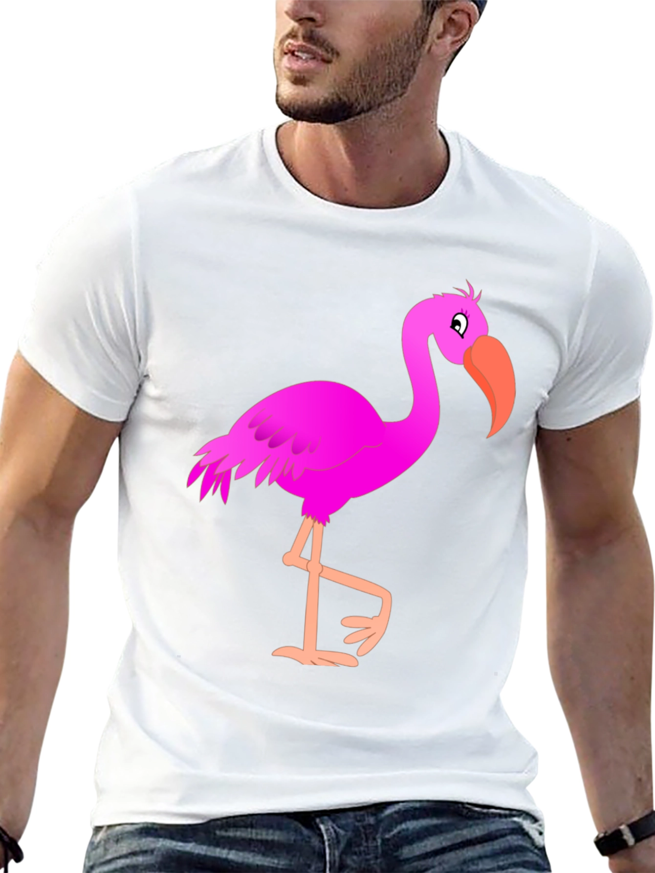 Mens Black T-Shirt with Fun Pink Flamingo Graphic