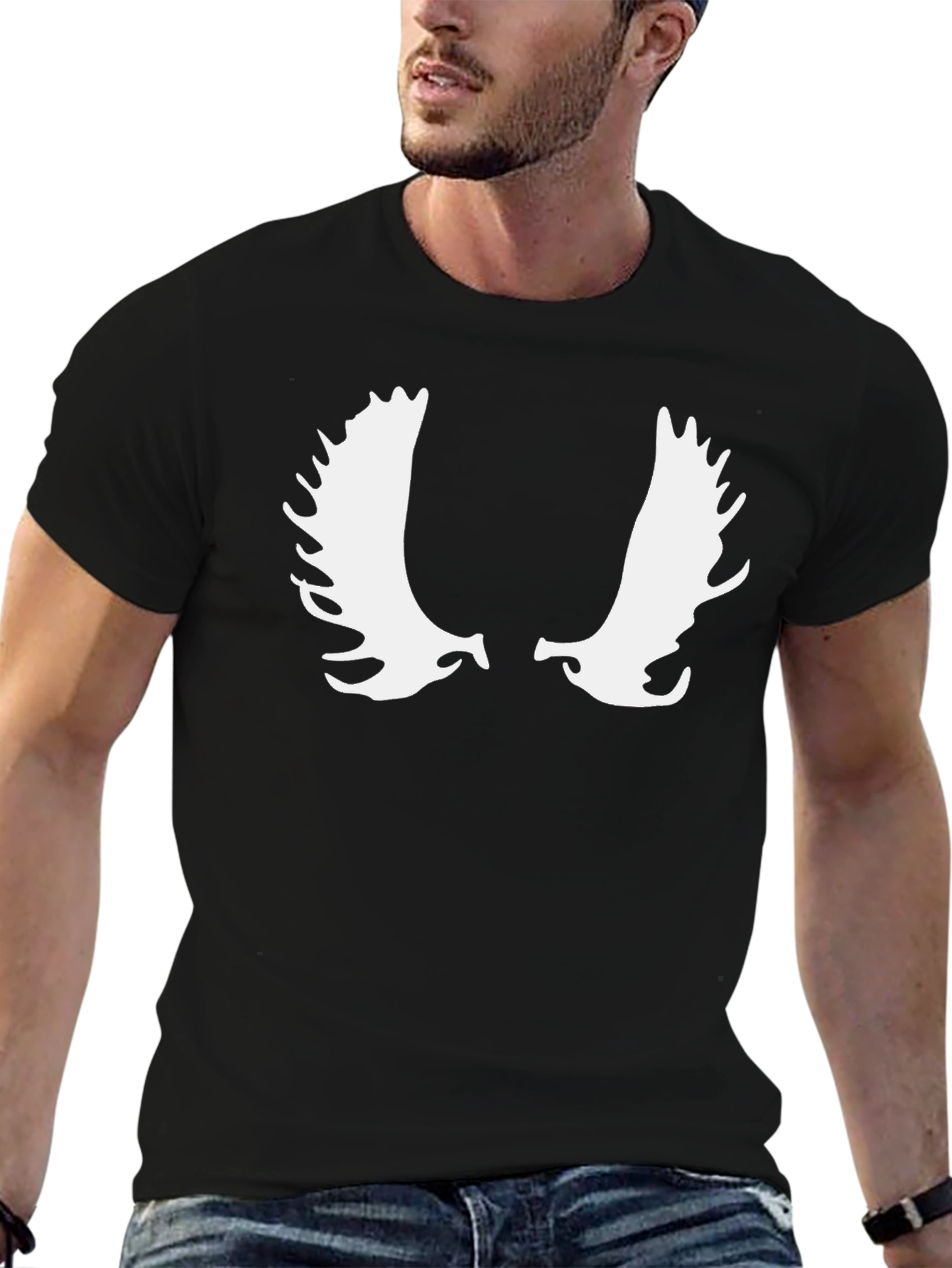 Moose Antler Graphic Tee - Black Cotton Casual T-Shirt