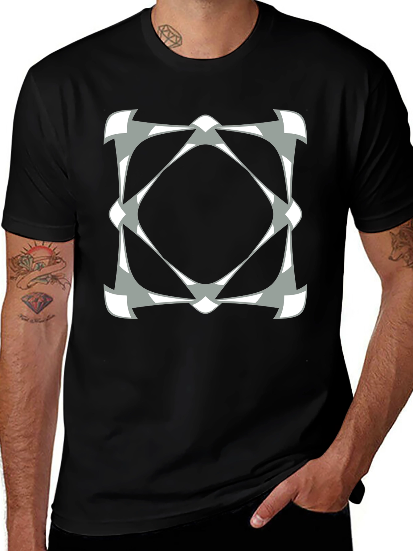 Geometric Diamond Pattern Black Tee