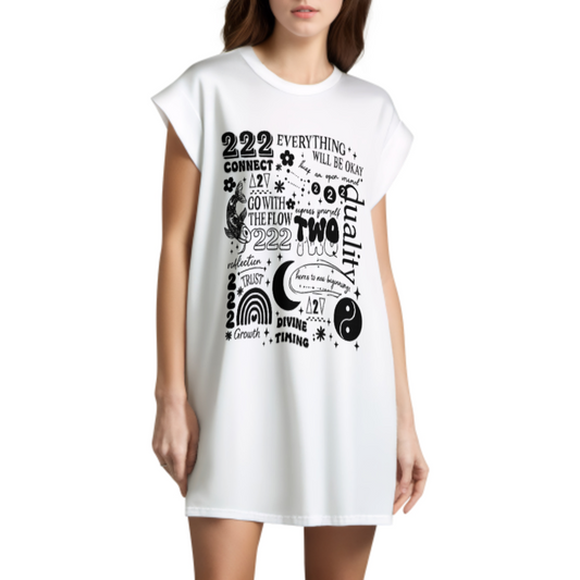 222 Angel Number Spiritual Graphic Tee Dress – Positive Energy & Divine Timing Oversized Shirt(z273)