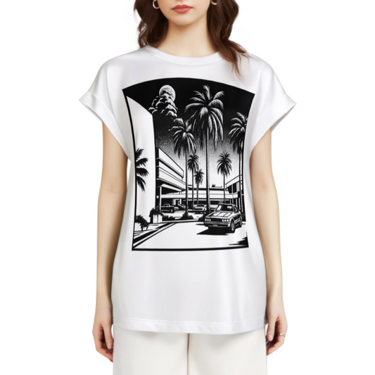 Retro Miami Palm Tree Graphic Oversized T-Shirt – Vintage Synthwave Streetwear Tee for Women(z283)
