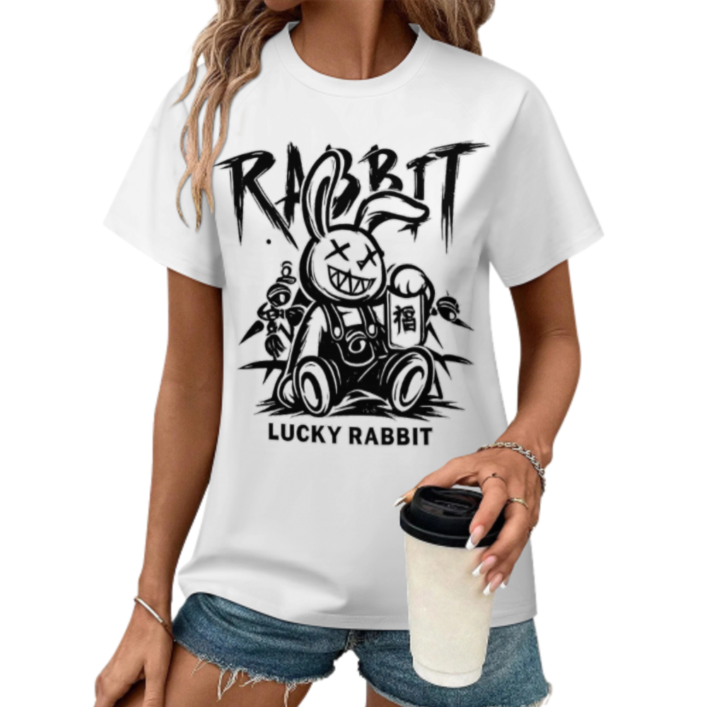 Lucky Rabbit Graffiti Graphic Tee – Street Style Cartoon Bunny Punk Shirt(z309)
