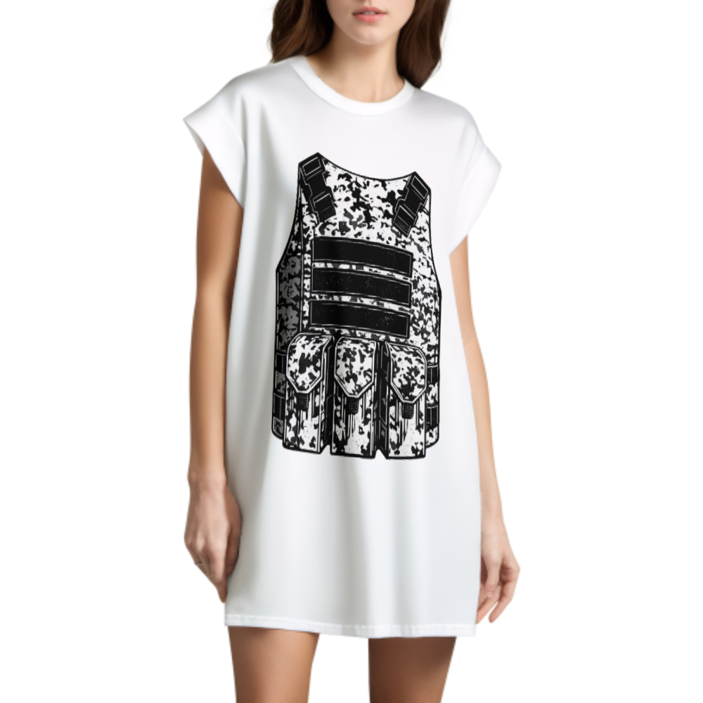 Tactical Vest Graphic T-Shirt Dress – Military Style Streetwear Casual Oversized Tee(z271)