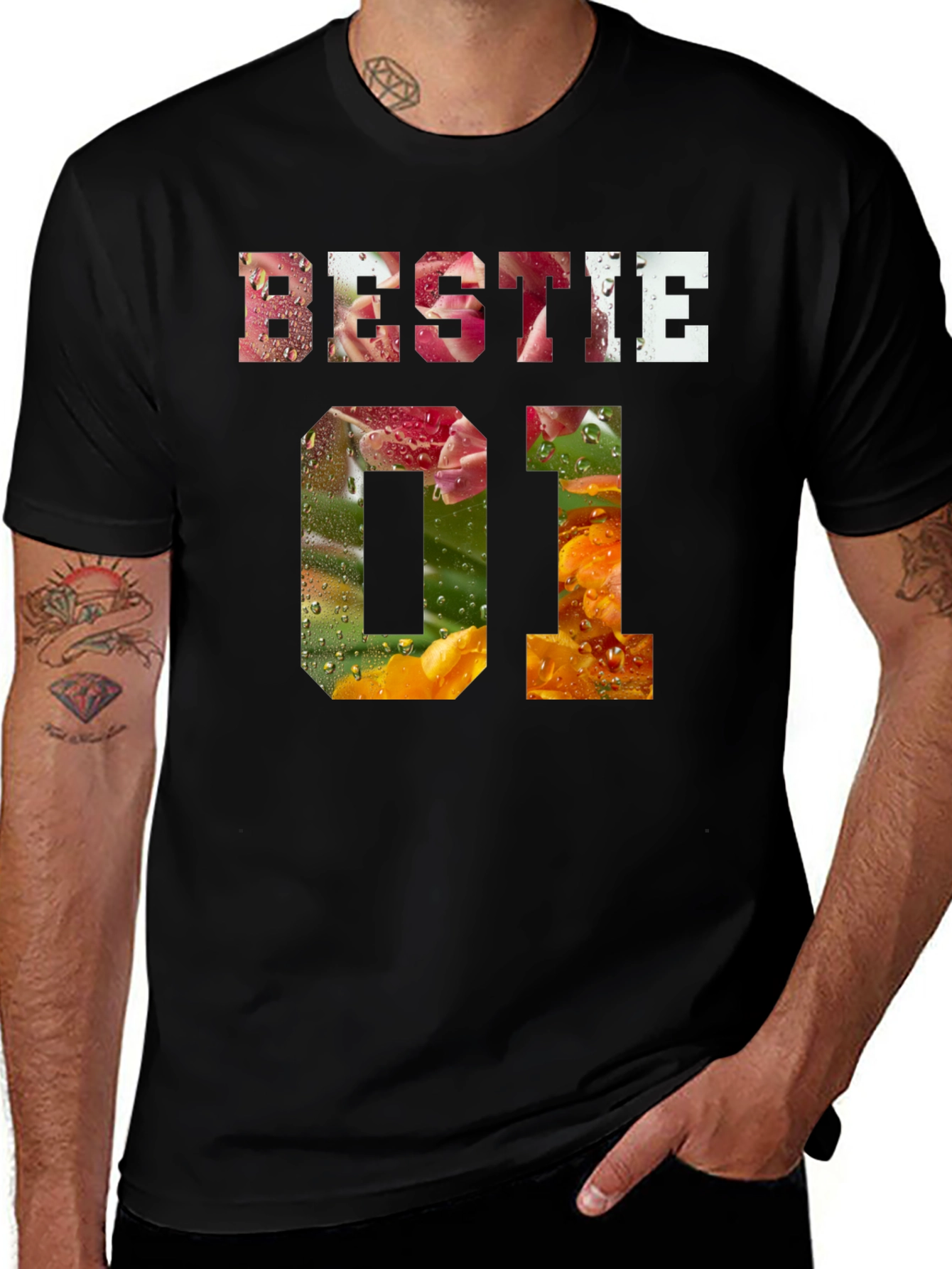 Bestie 01 Floral Print Black T-Shirt