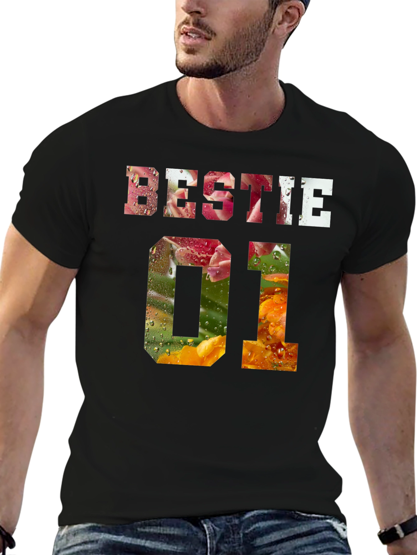 Bestie 01 Floral Print Black T-Shirt