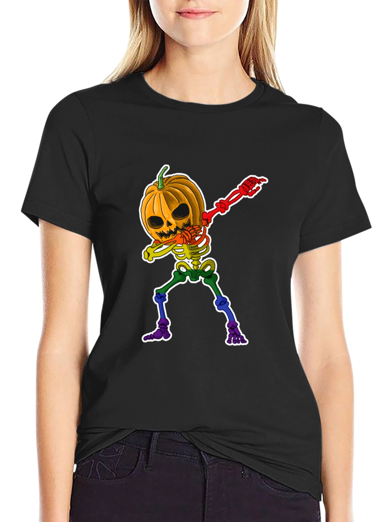 Dabbing Pumpkin Skeleton Halloween Graphic Tee