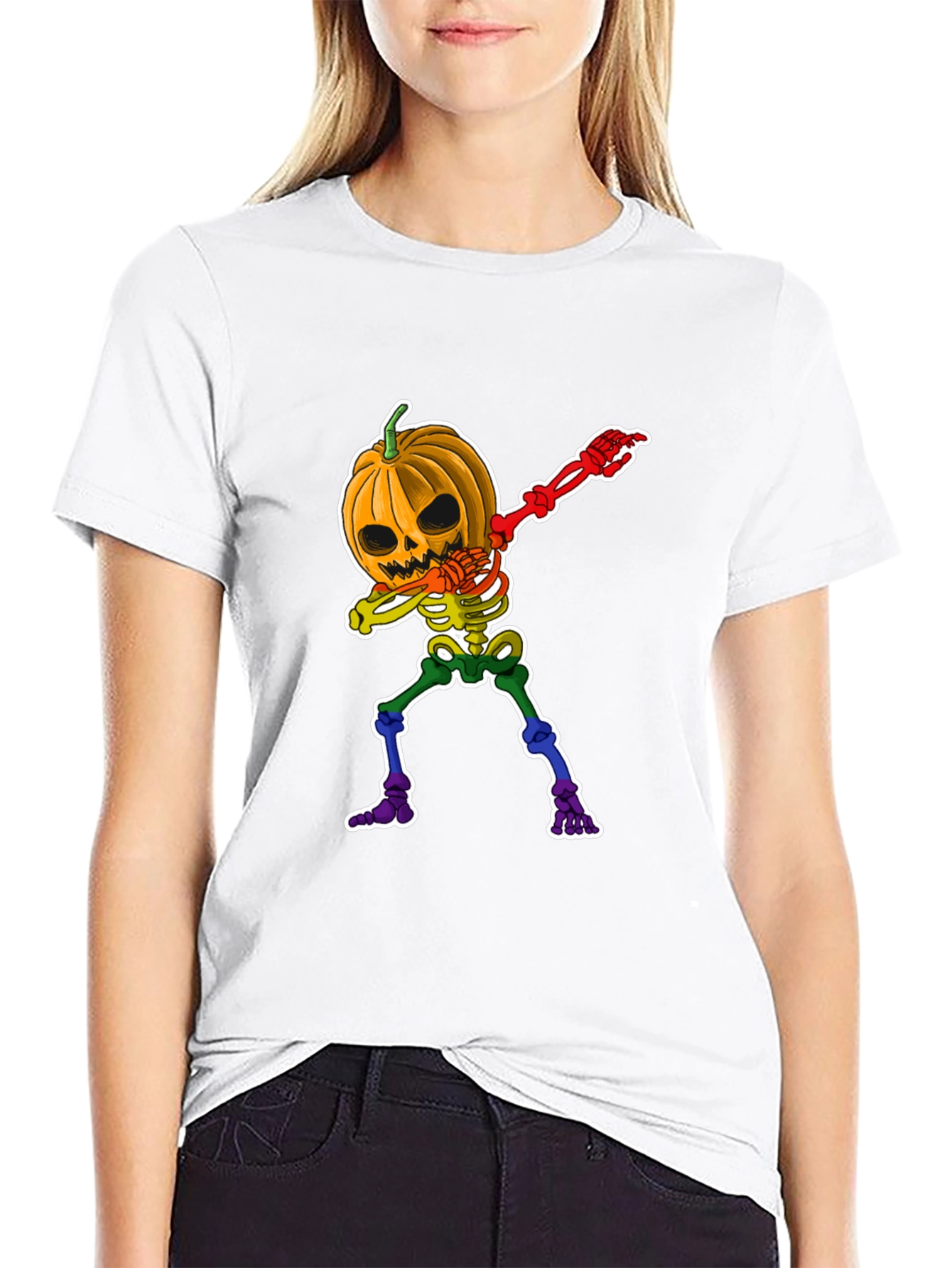 Dabbing Pumpkin Skeleton Halloween Graphic Tee