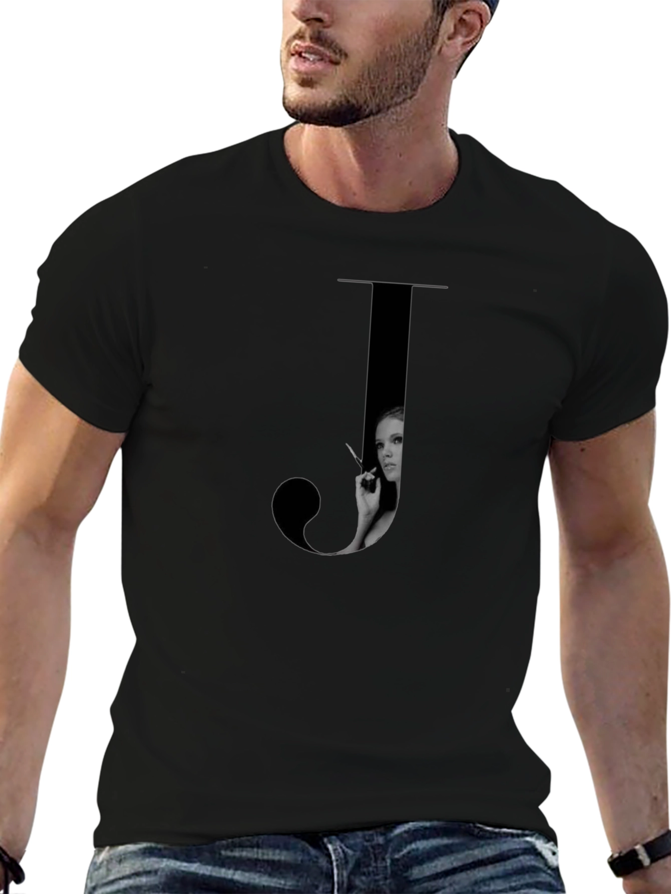 Letter J Black T-Shirt - Stylish Graphic Tee