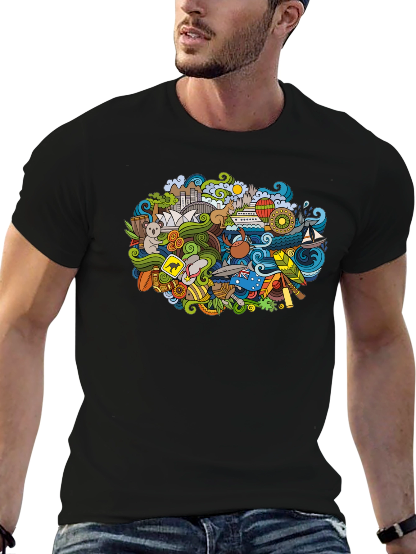 Australia Doodle Art Black T-Shirt