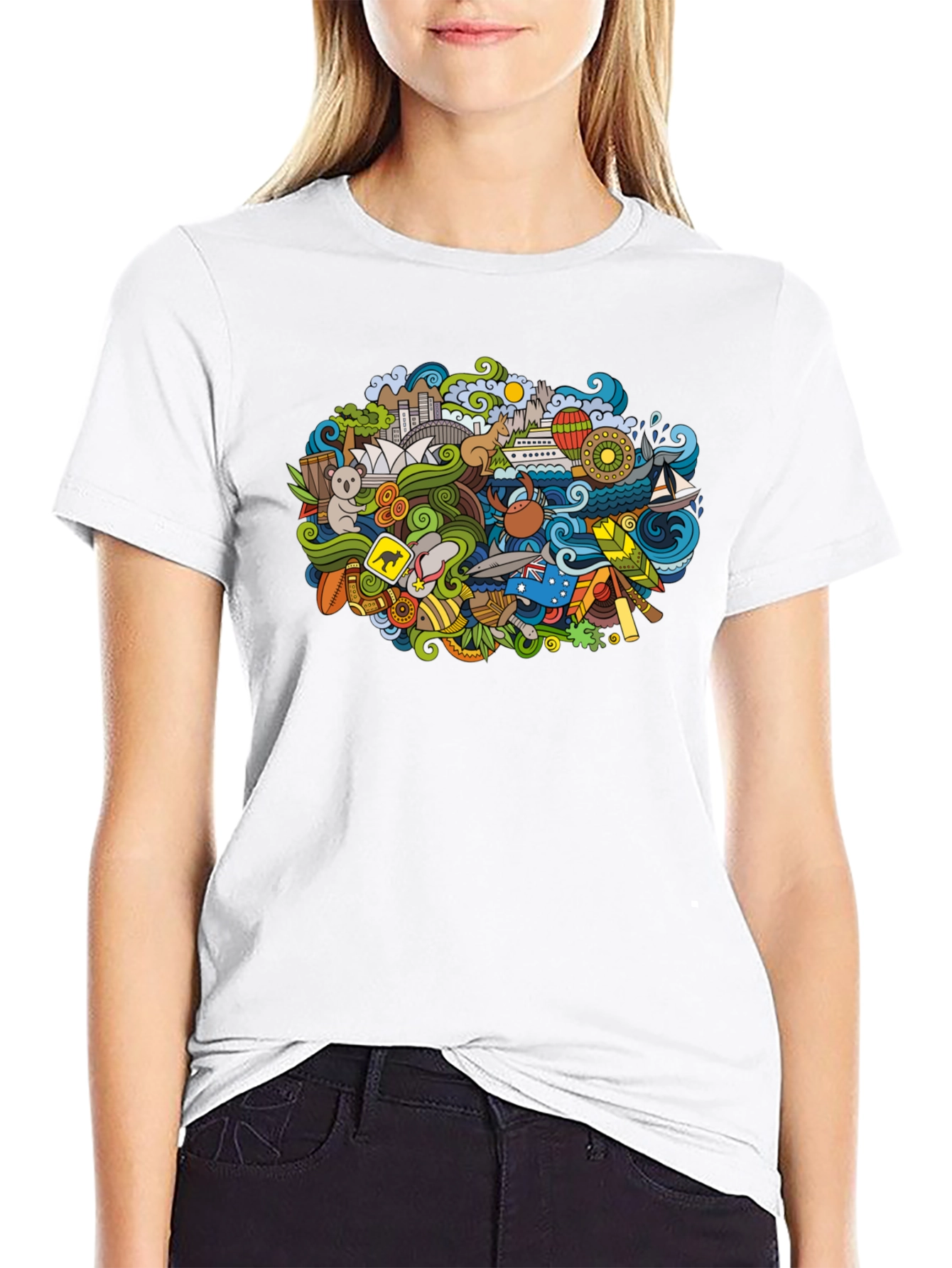 Australia Doodle Art Black T-Shirt
