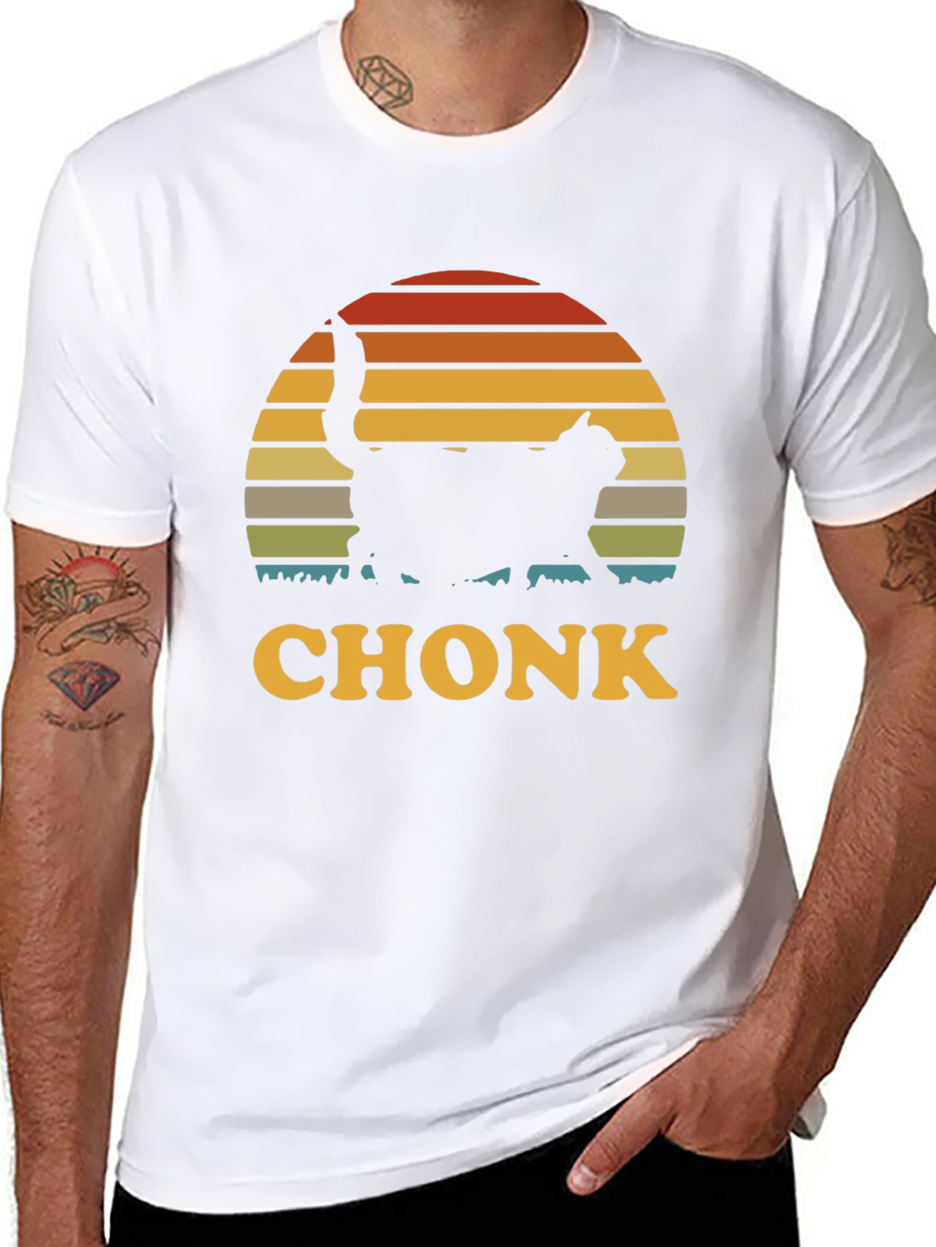 Chonk Cat T-Shirt - Retro Sunset Design