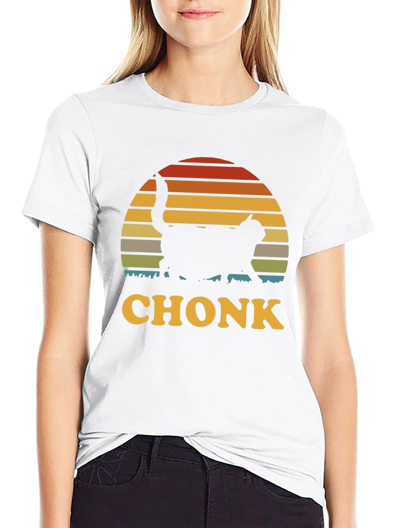 Chonk Cat T-Shirt - Retro Sunset Design