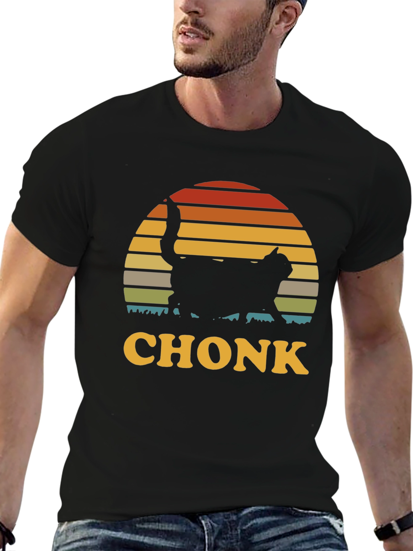 Chonk Cat T-Shirt - Retro Sunset Design