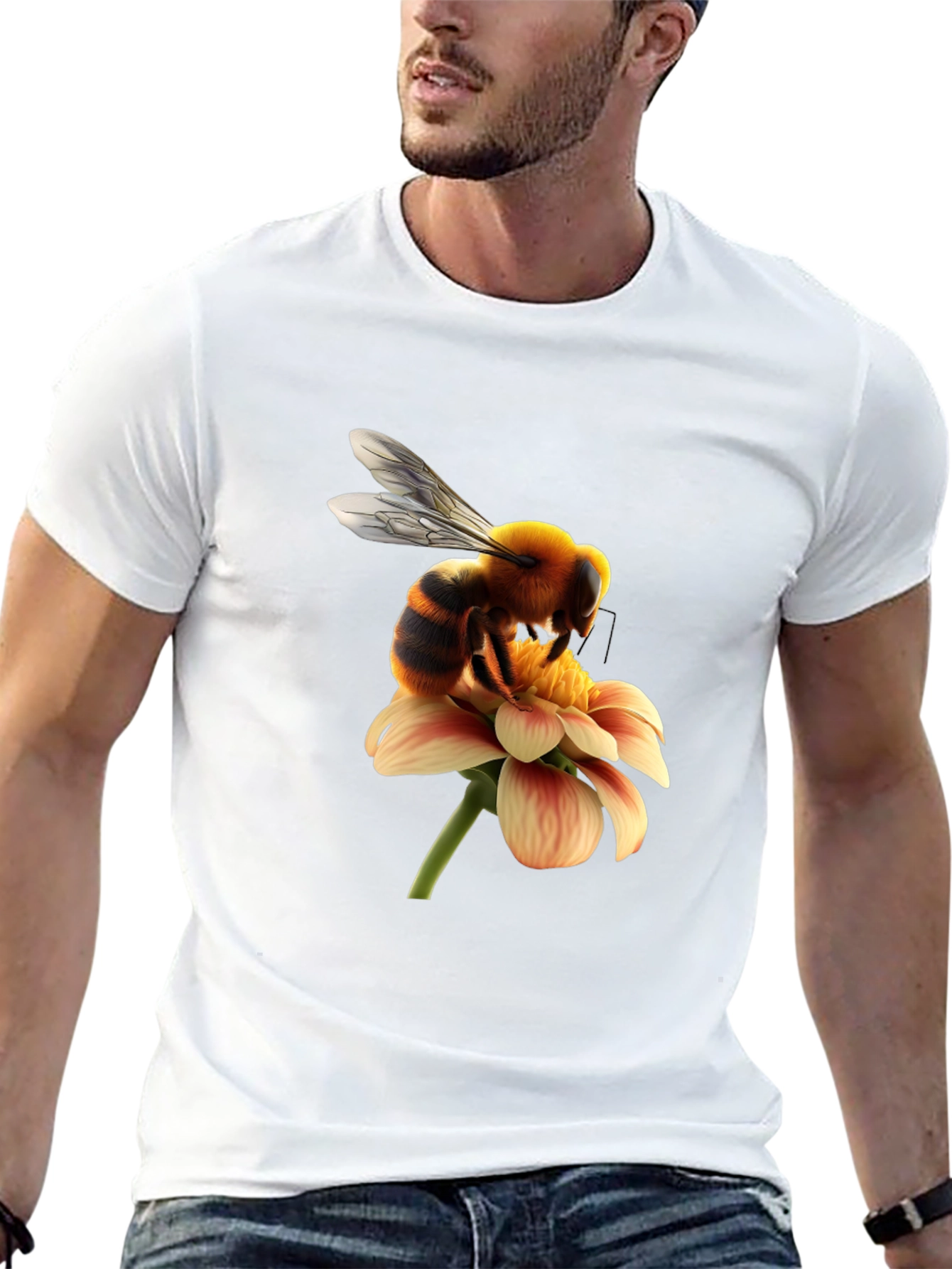 Bee on Flower Graphic Tee - Black Cotton T-Shirt
