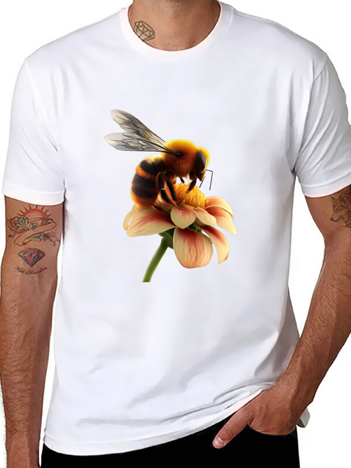 Bee on Flower Graphic Tee - Black Cotton T-Shirt