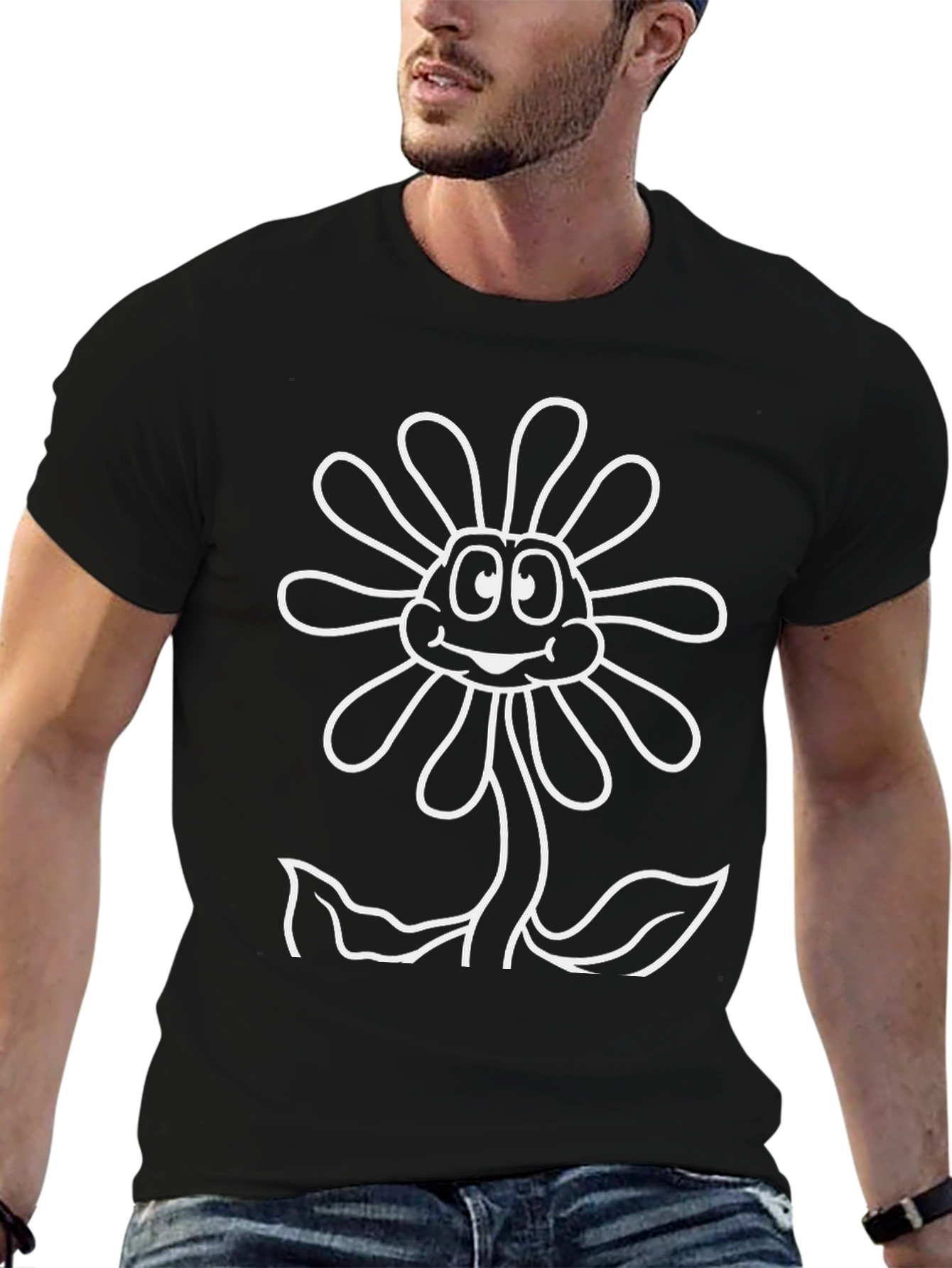 Happy Flower Graphic Tee - Black Casual Shirt