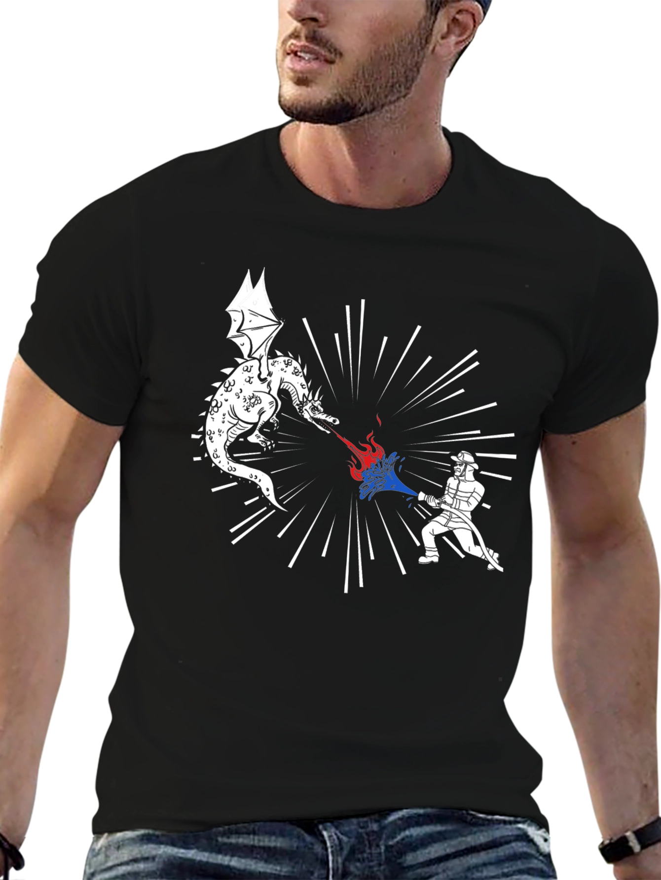 Dragon vs Firefighter Graphic Tee - Black