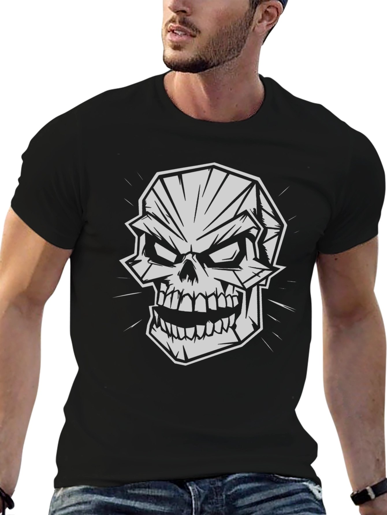 Geometric Skull Graphic Print Black T-Shirt