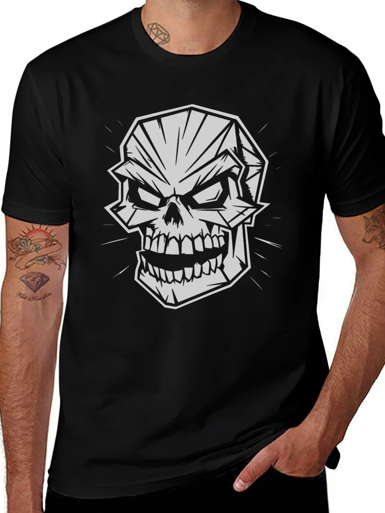 Geometric Skull Graphic Print Black T-Shirt