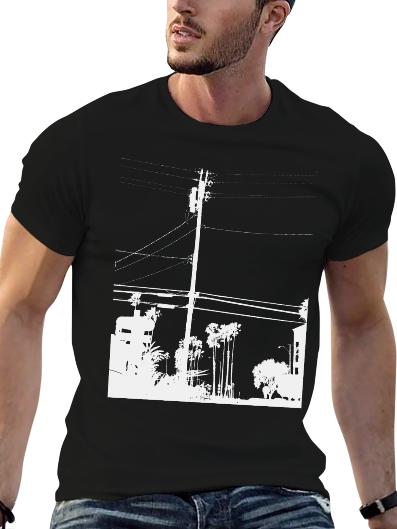 Black Graphic Tee - White Cityscape Design