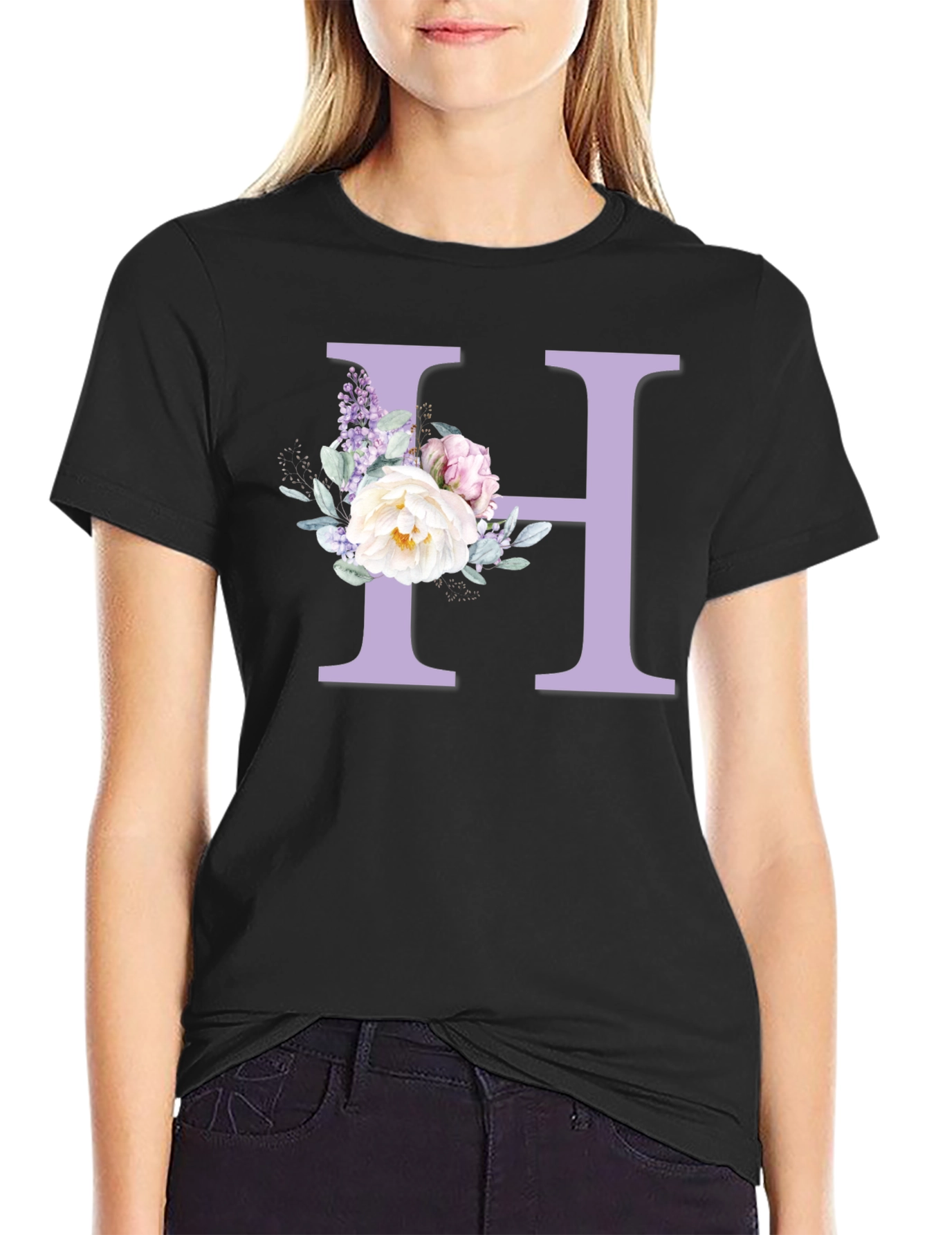 Floral Letter H Black T-shirt